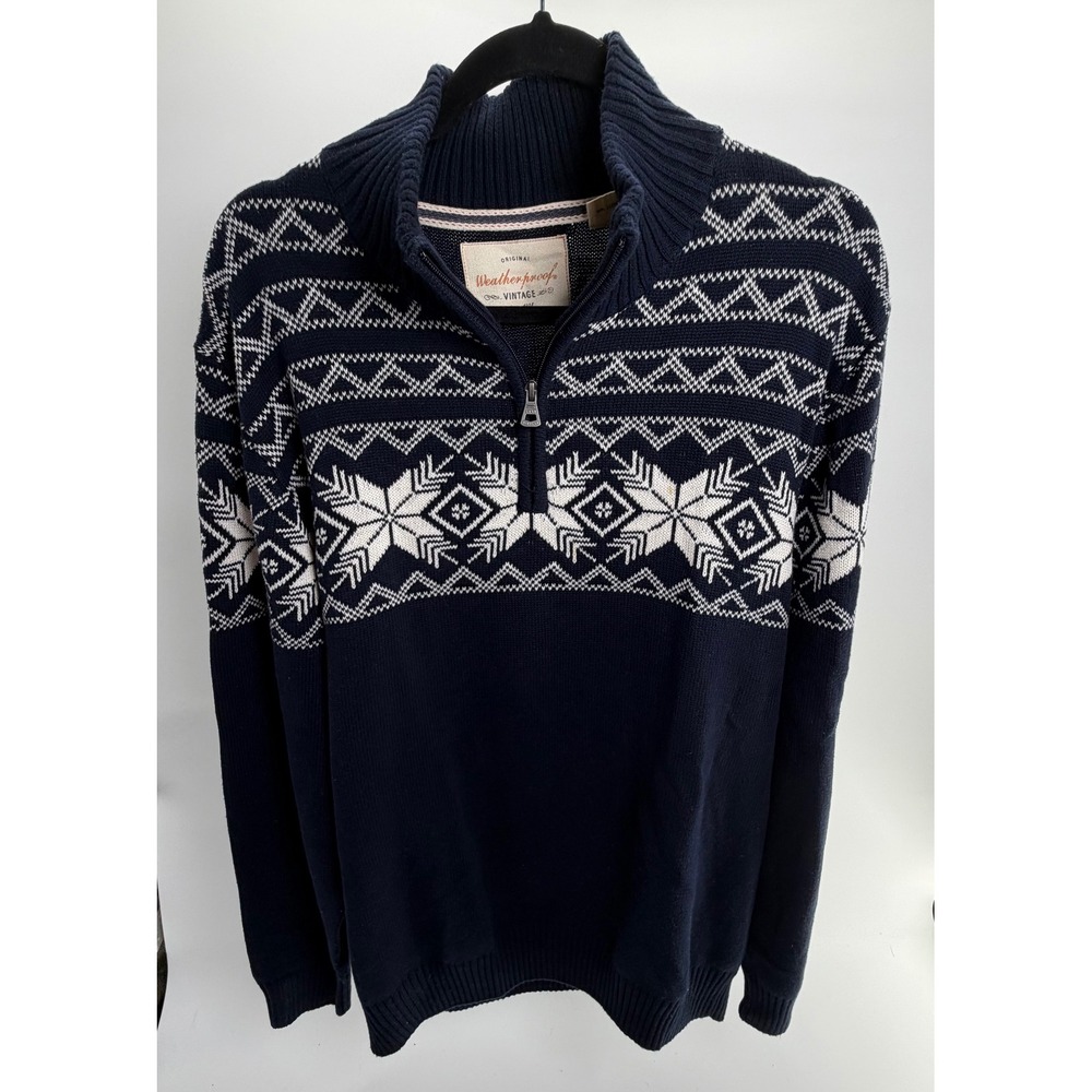 Weatherproof Vintage Mens XL Navy Fair Isle Snowflake 1/4 Zip Cotton Sweater